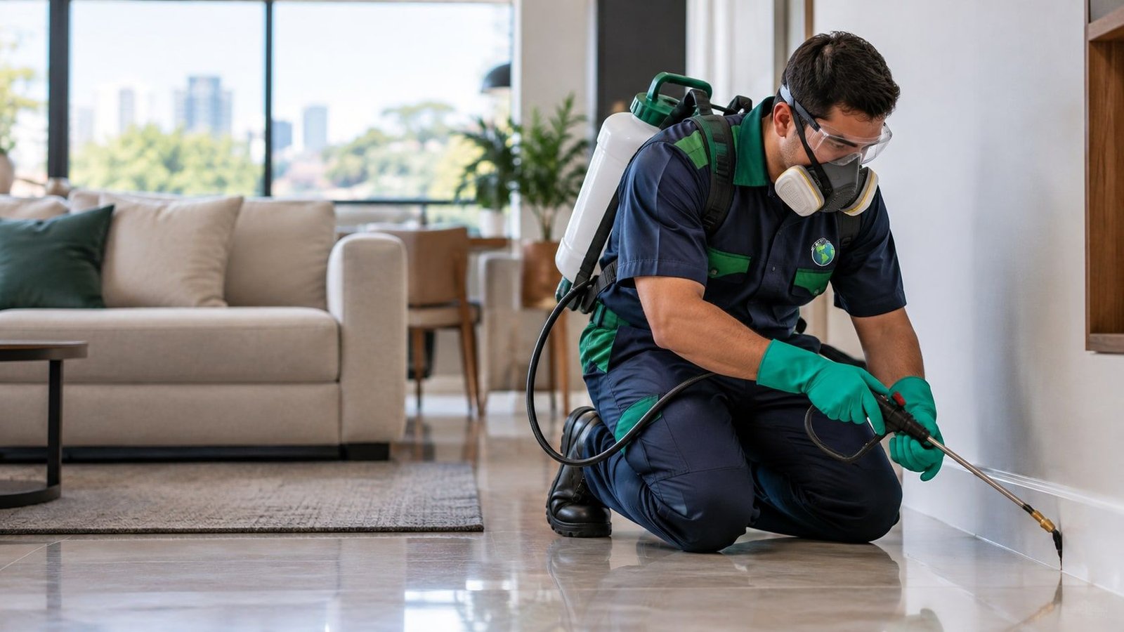Técnico de dedetização aplicando produto no rodapé de uma sala com pulverizador costal